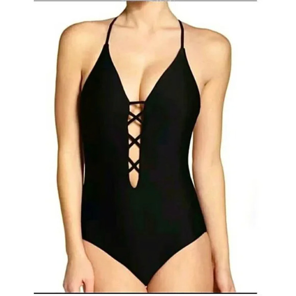 Becca Rebecca Virtue NWT Move Along One-Piece Plunge Strappy Swimsuit Black S - Picture 4 of 13